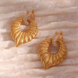 Zircon Micro Pave Chunky Palm‎ Leaf Drop Statement Earrings 18K Gold Plated